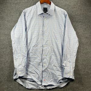David Donahue Button Up Shirt Men's 17.5 34/35 Blue/Orange Tattersall Trim
